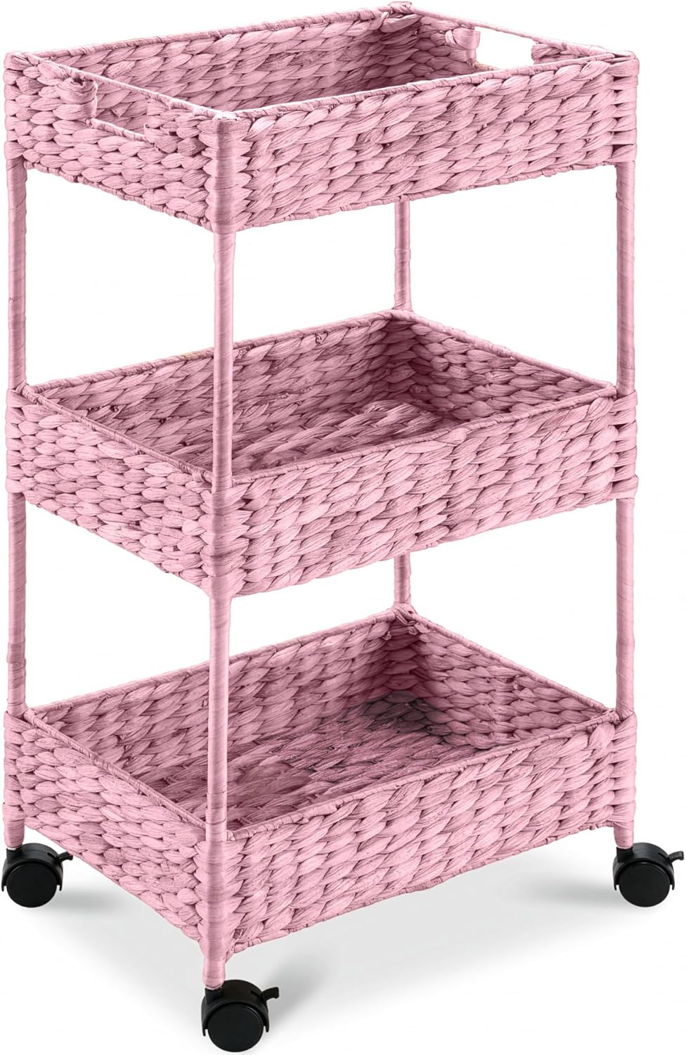 3-Tier Water Hyacinth Rolling Nursery Caddy w/Wheels, Utility Cart, Storage Organization for Bathroom, Craft Room, Laundry Room - Natural