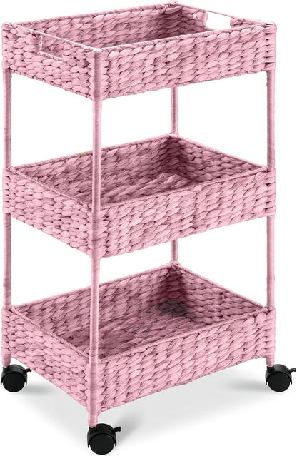 3-Tier Water Hyacinth Rolling Nursery Caddy w/Wheels, Utility Cart, Storage Organization for Bathroom, Craft Room, Laundry Room - Natural