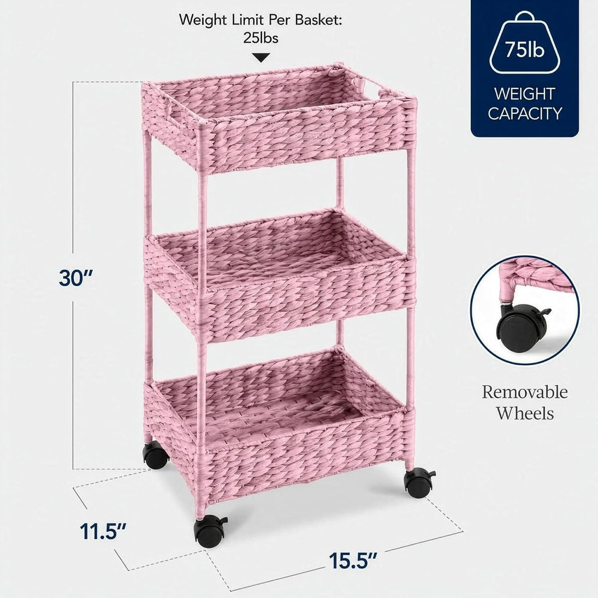 3-Tier Water Hyacinth Rolling Nursery Caddy w/Wheels, Utility Cart, Storage Organization for Bathroom, Craft Room, Laundry Room - Natural