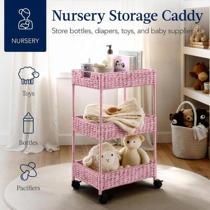 3-Tier Water Hyacinth Rolling Nursery Caddy w/Wheels, Utility Cart, Storage Organization for Bathroom, Craft Room, Laundry Room - Natural