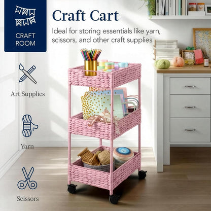 3-Tier Water Hyacinth Rolling Nursery Caddy w/Wheels, Utility Cart, Storage Organization for Bathroom, Craft Room, Laundry Room - Natural