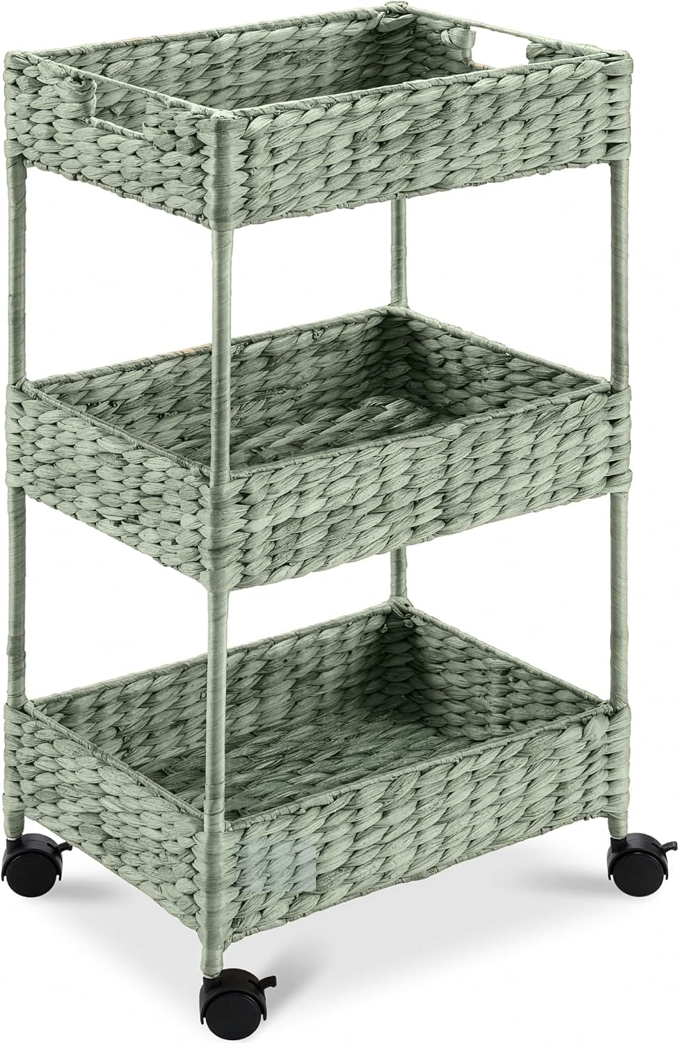 3-Tier Water Hyacinth Rolling Nursery Caddy w/Wheels, Utility Cart, Storage Organization for Bathroom, Craft Room, Laundry Room - Natural