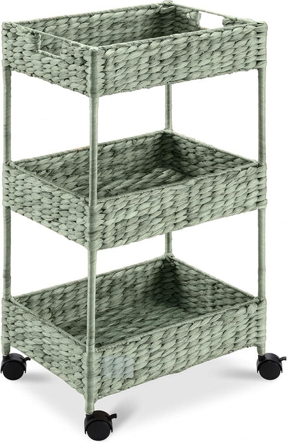 3-Tier Water Hyacinth Rolling Nursery Caddy w/Wheels, Utility Cart, Storage Organization for Bathroom, Craft Room, Laundry Room - Natural