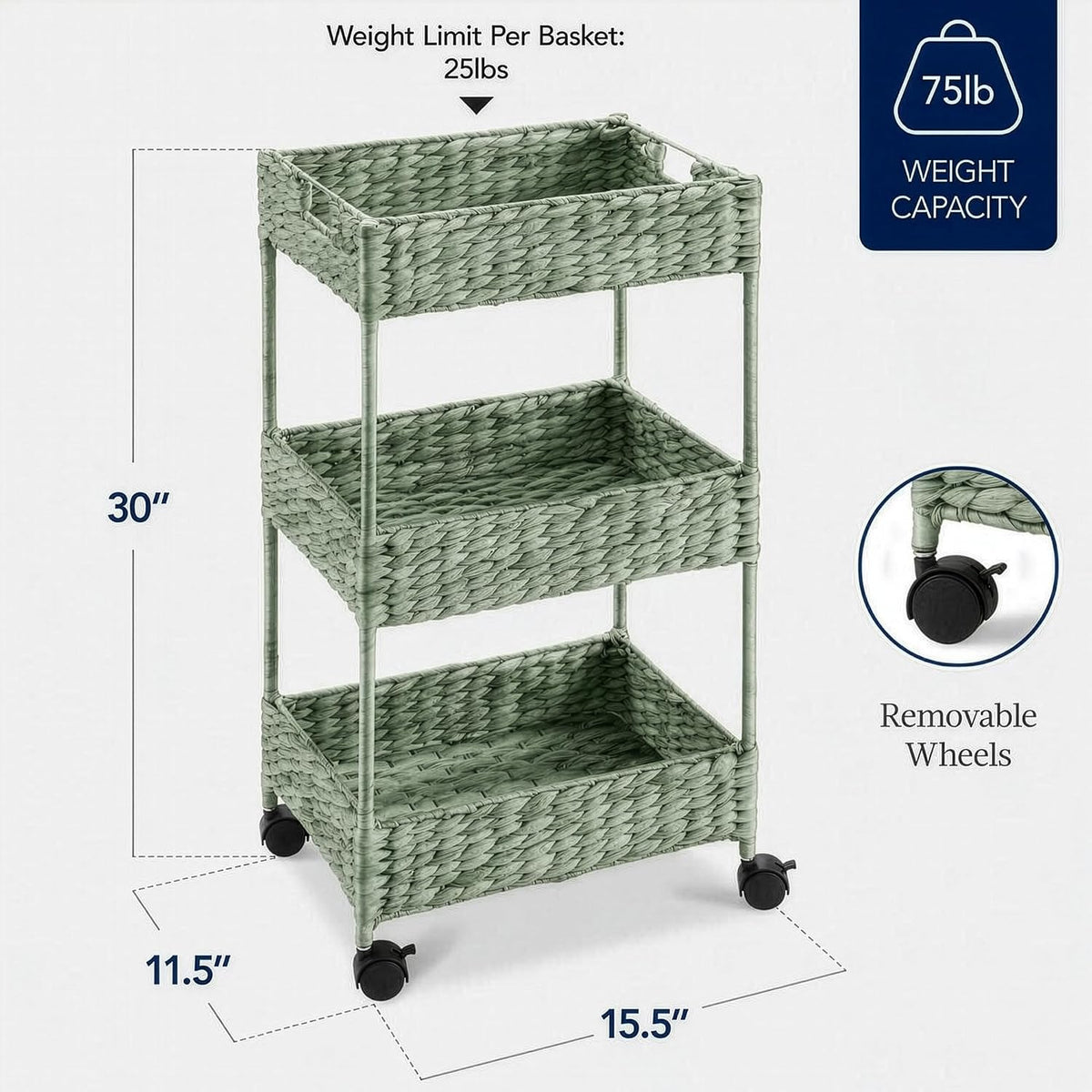 3-Tier Water Hyacinth Rolling Nursery Caddy w/Wheels, Utility Cart, Storage Organization for Bathroom, Craft Room, Laundry Room - Natural
