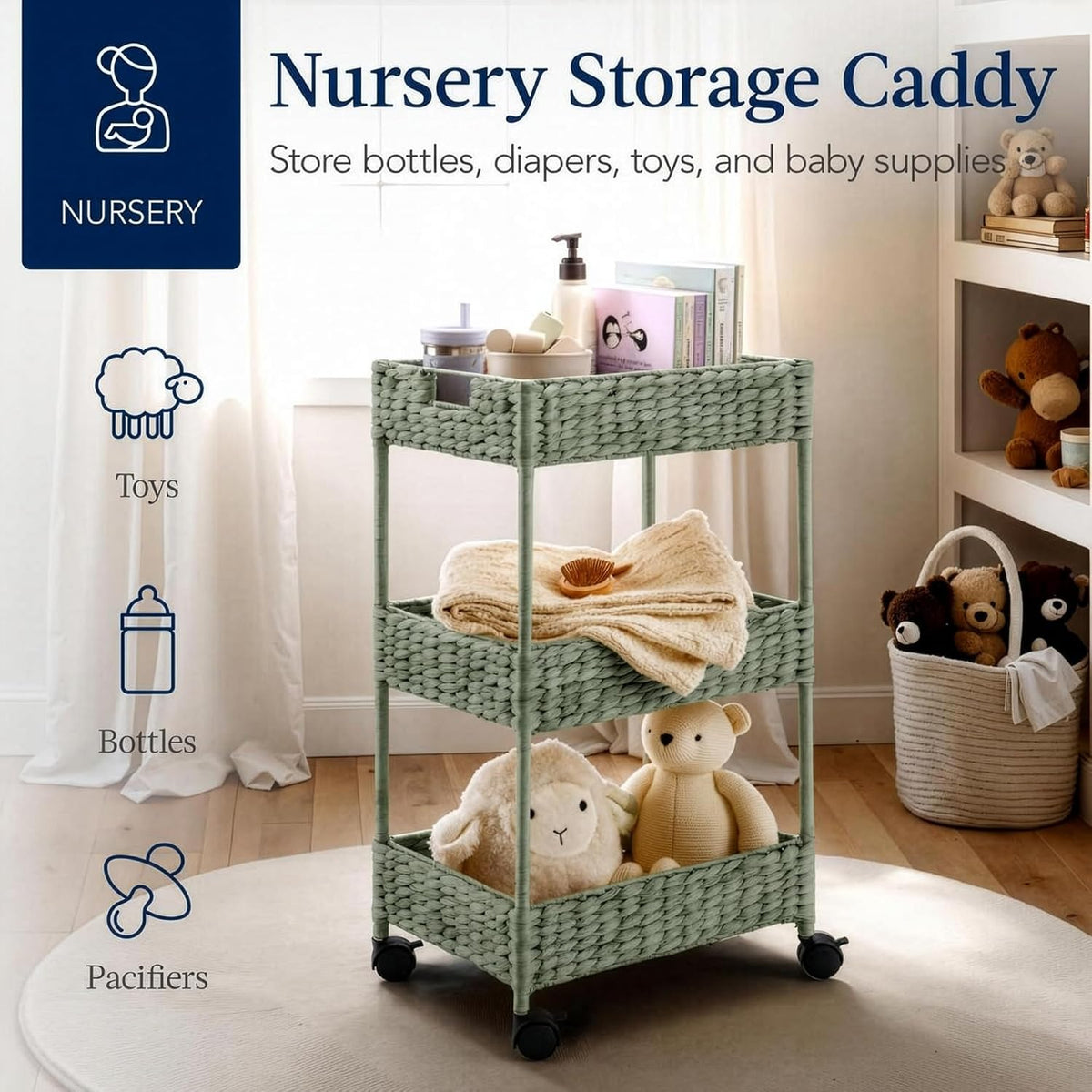 3-Tier Water Hyacinth Rolling Nursery Caddy w/Wheels, Utility Cart, Storage Organization for Bathroom, Craft Room, Laundry Room - Natural
