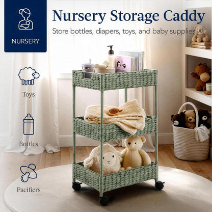 3-Tier Water Hyacinth Rolling Nursery Caddy w/Wheels, Utility Cart, Storage Organization for Bathroom, Craft Room, Laundry Room - Natural