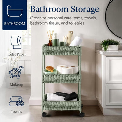 3-Tier Water Hyacinth Rolling Nursery Caddy w/Wheels, Utility Cart, Storage Organization for Bathroom, Craft Room, Laundry Room - Natural