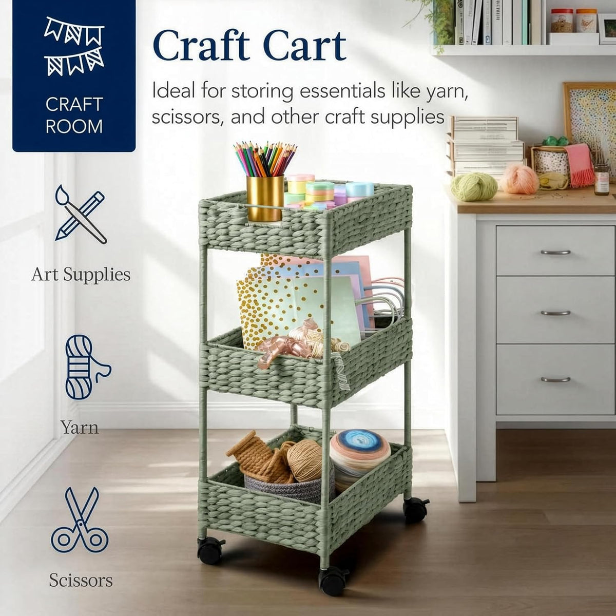3-Tier Water Hyacinth Rolling Nursery Caddy w/Wheels, Utility Cart, Storage Organization for Bathroom, Craft Room, Laundry Room - Natural