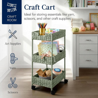 3-Tier Water Hyacinth Rolling Nursery Caddy w/Wheels, Utility Cart, Storage Organization for Bathroom, Craft Room, Laundry Room - Natural