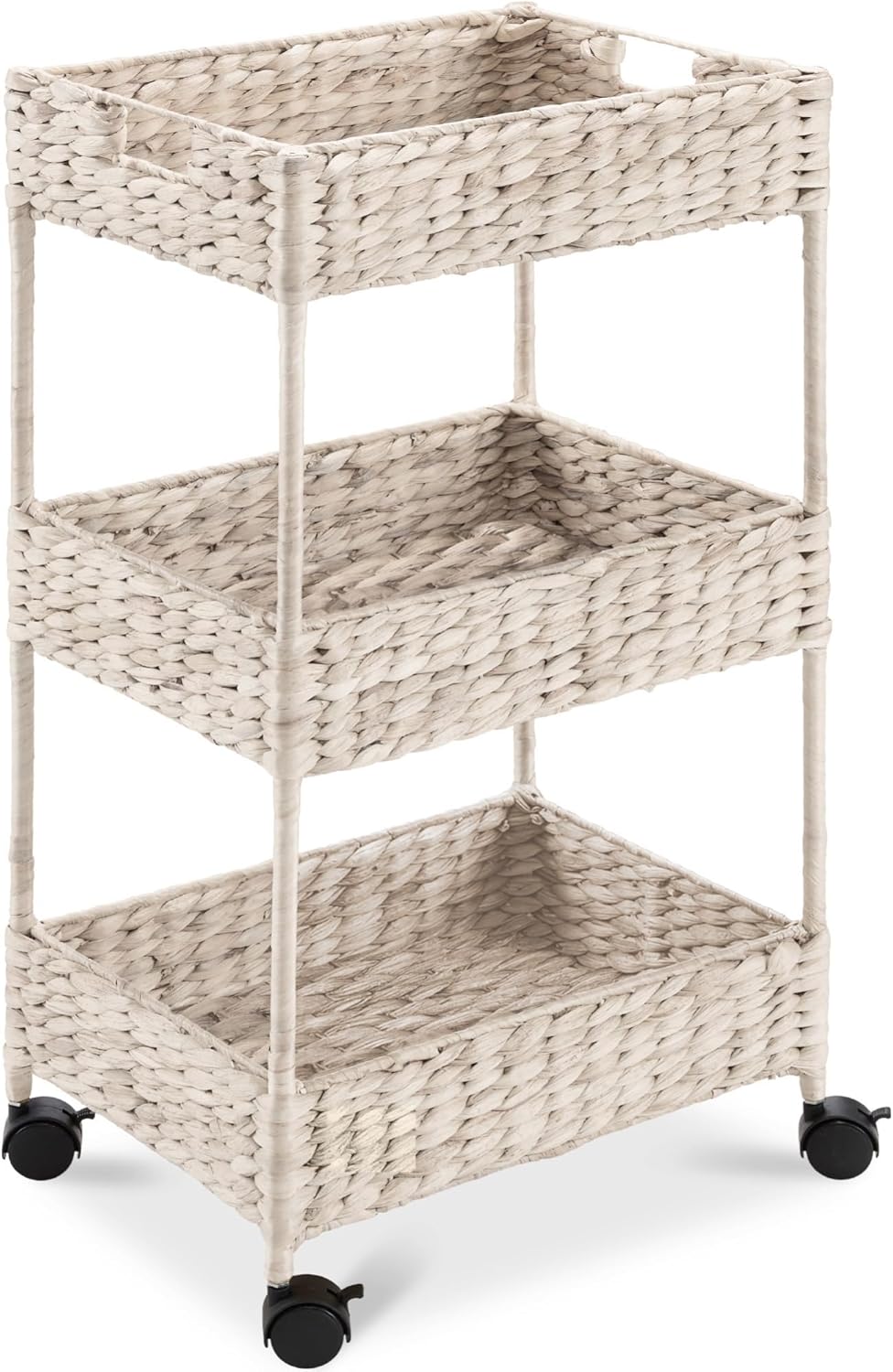3-Tier Water Hyacinth Rolling Nursery Caddy w/Wheels, Utility Cart, Storage Organization for Bathroom, Craft Room, Laundry Room - Natural