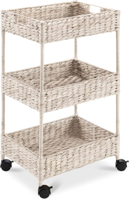 3-Tier Water Hyacinth Rolling Nursery Caddy w/Wheels, Utility Cart, Storage Organization for Bathroom, Craft Room, Laundry Room - Natural