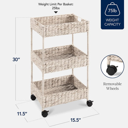 3-Tier Water Hyacinth Rolling Nursery Caddy w/Wheels, Utility Cart, Storage Organization for Bathroom, Craft Room, Laundry Room - Natural