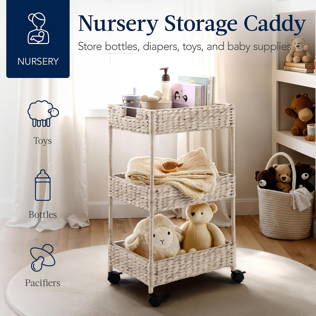 3-Tier Water Hyacinth Rolling Nursery Caddy w/Wheels, Utility Cart, Storage Organization for Bathroom, Craft Room, Laundry Room - Natural