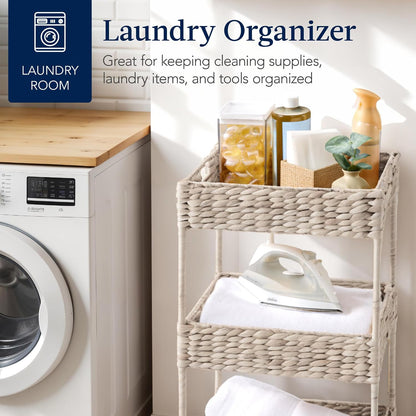 3-Tier Water Hyacinth Rolling Nursery Caddy w/Wheels, Utility Cart, Storage Organization for Bathroom, Craft Room, Laundry Room - Natural
