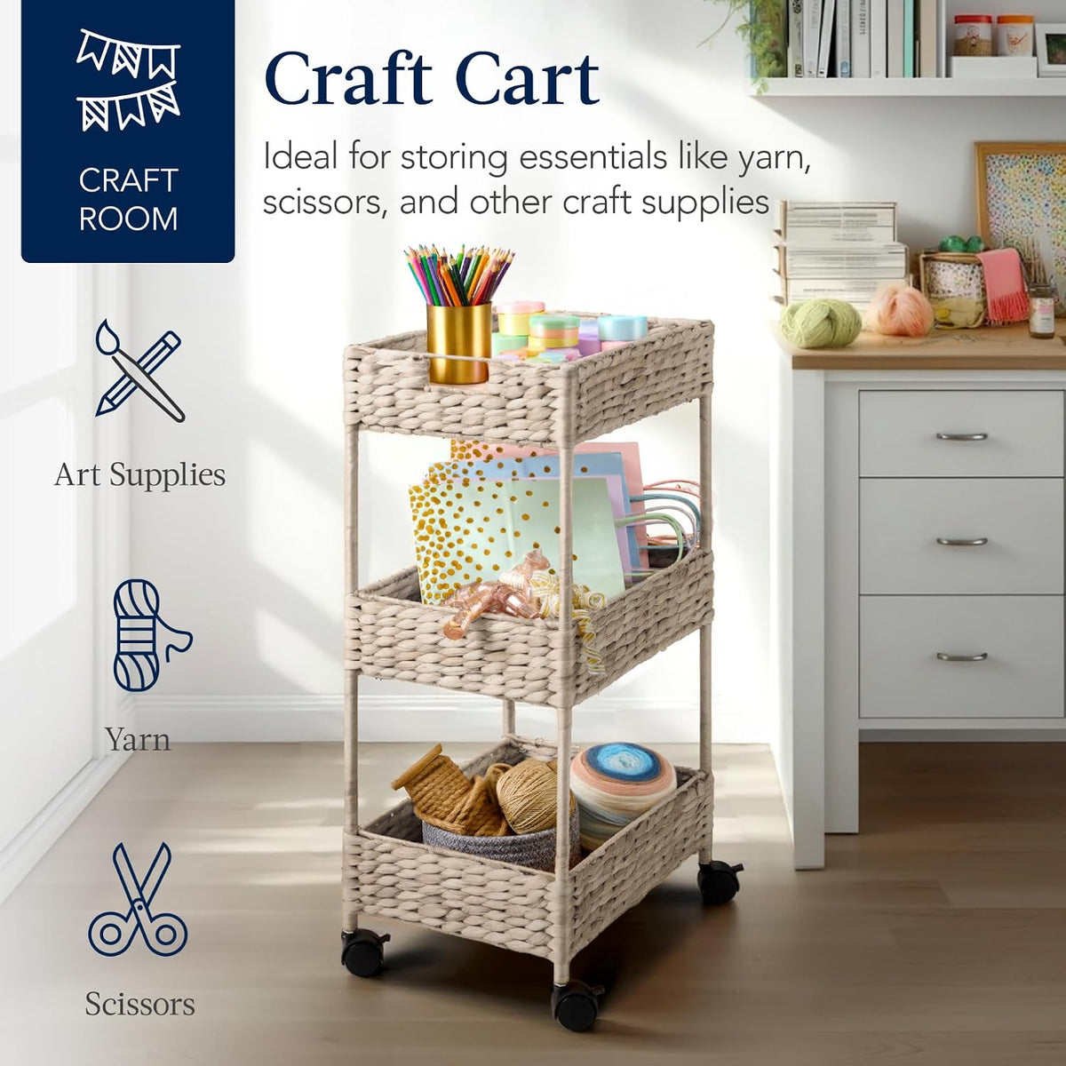 3-Tier Water Hyacinth Rolling Nursery Caddy w/Wheels, Utility Cart, Storage Organization for Bathroom, Craft Room, Laundry Room - Natural