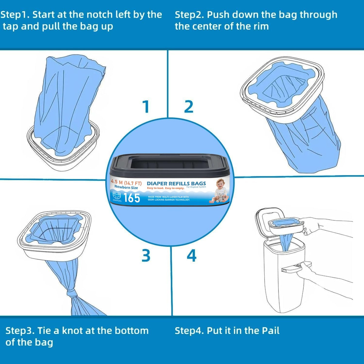 Standard Square Refills Disposal Bags Refill Compatible with Diaper Genie Compact, Select, Classic Version Pails, Hold Up to 165 Newborn-Sized Diapers Per Refill, 6 Packs