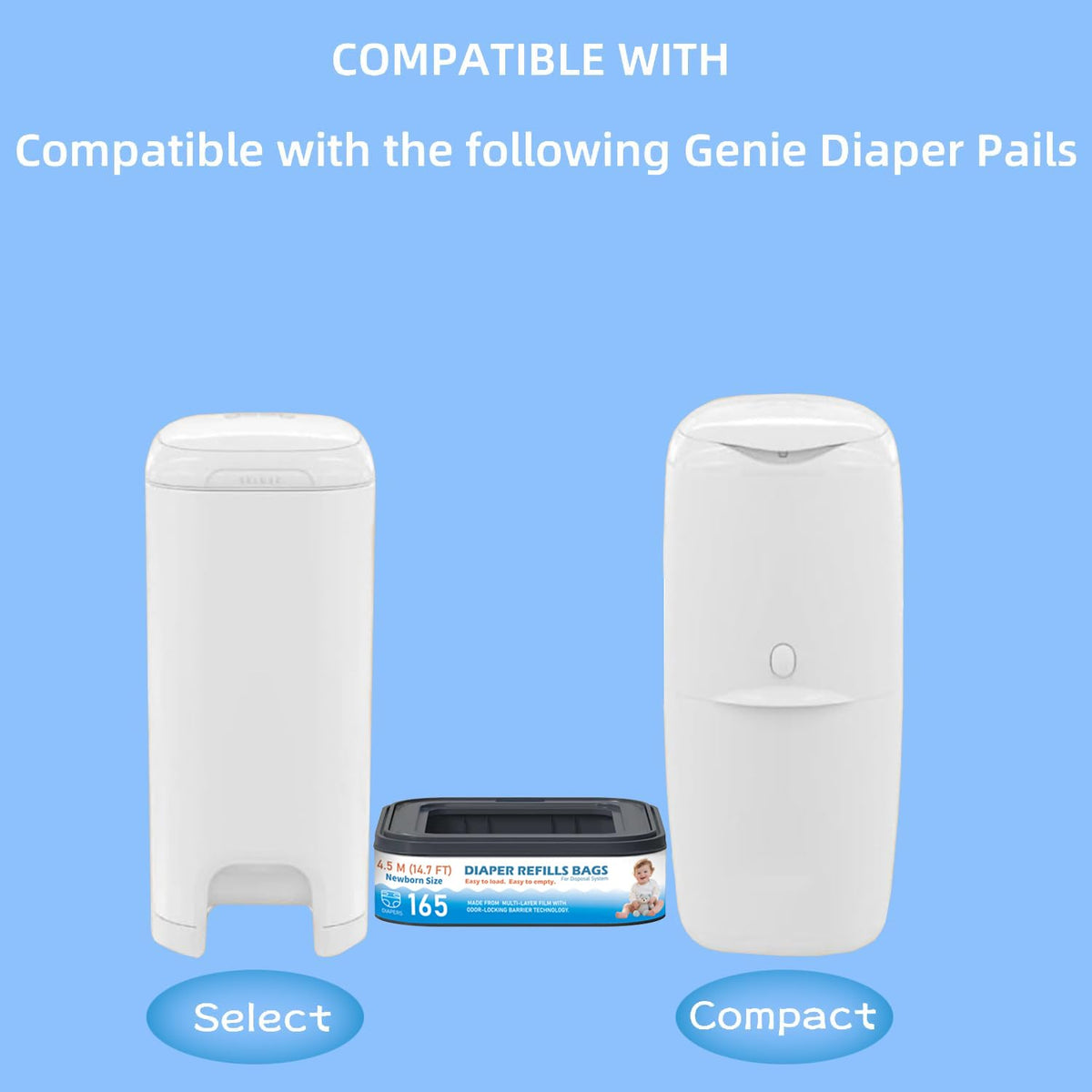 Standard Square Refills Disposal Bags Refill Compatible with Diaper Genie Compact, Select, Classic Version Pails, Hold Up to 165 Newborn-Sized Diapers Per Refill, 6 Packs