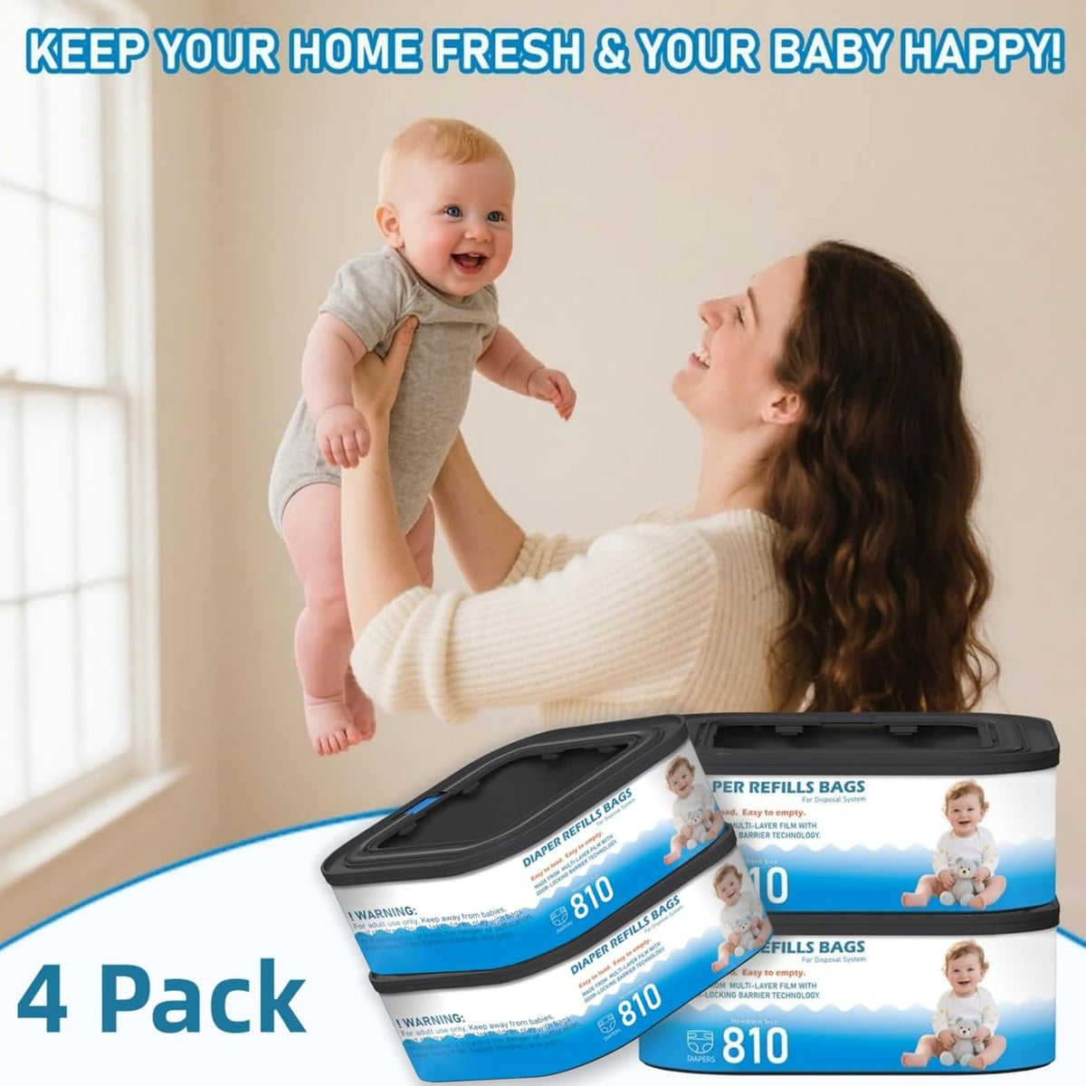 Standard Square Refills Disposal Bags Refill Compatible with Diaper Genie Compact, Select, Classic Version Pails, Hold Up to 165 Newborn-Sized Diapers Per Refill, 6 Packs