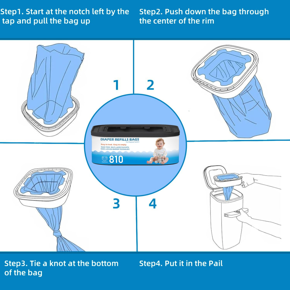 Standard Square Refills Disposal Bags Refill Compatible with Diaper Genie Compact, Select, Classic Version Pails, Hold Up to 165 Newborn-Sized Diapers Per Refill, 6 Packs