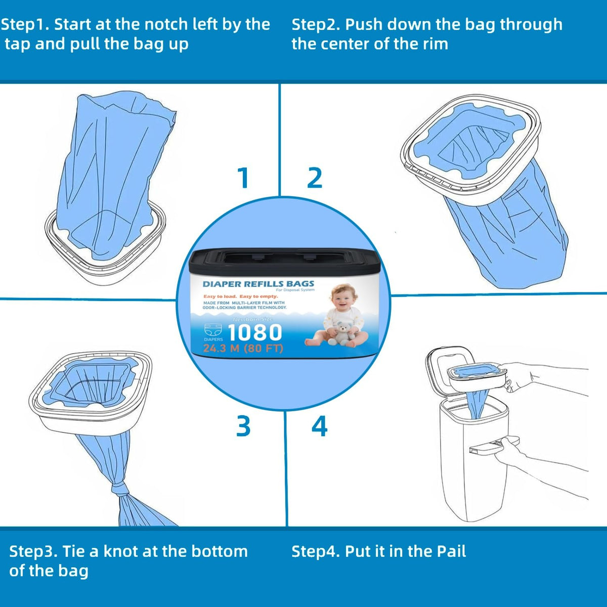 Standard Square Refills Disposal Bags Refill Compatible with Diaper Genie Compact, Select, Classic Version Pails, Hold Up to 165 Newborn-Sized Diapers Per Refill, 6 Packs