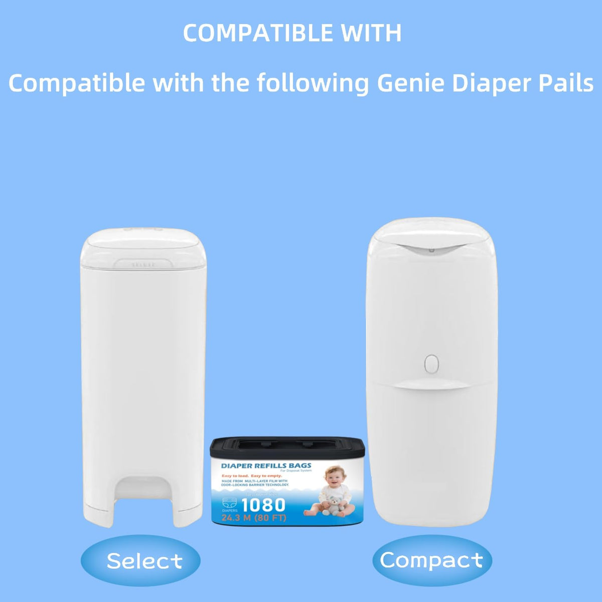 Standard Square Refills Disposal Bags Refill Compatible with Diaper Genie Compact, Select, Classic Version Pails, Hold Up to 165 Newborn-Sized Diapers Per Refill, 6 Packs