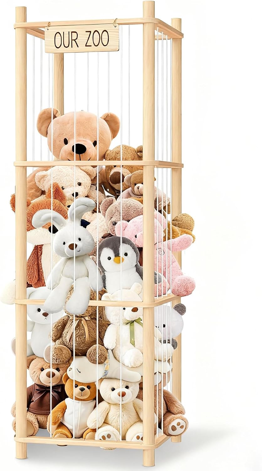 Stuffed Animal Storage & Organizer – Wooden Zoo Cage Display Shelf for Large Plush Toy Storage, Kids Room & Bedroom Decor