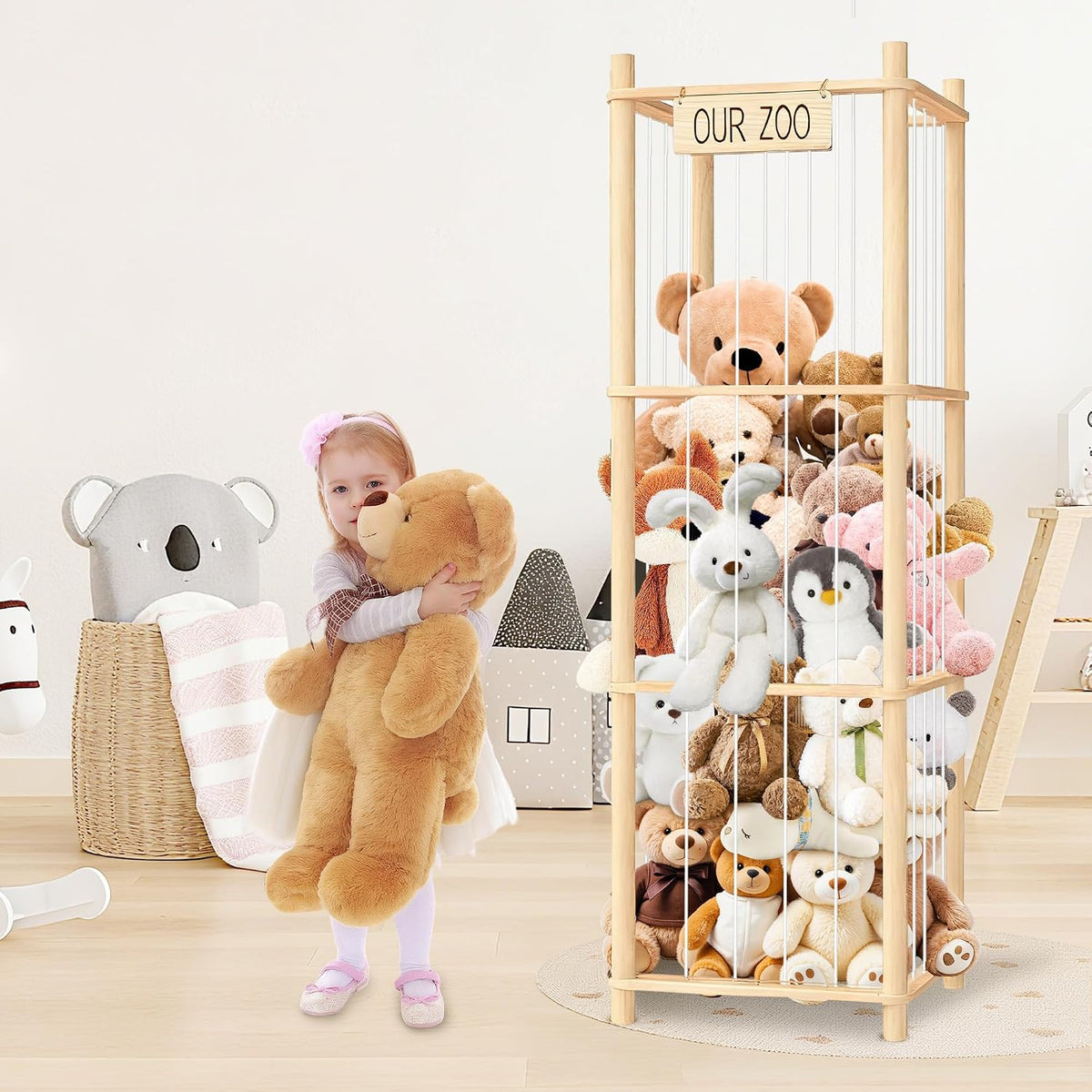Stuffed Animal Storage & Organizer – Wooden Zoo Cage Display Shelf for Large Plush Toy Storage, Kids Room & Bedroom Decor