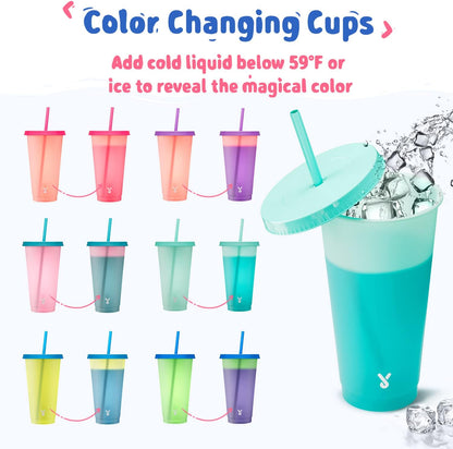 Plastic Cute Cold Cups with Lids and Straws Bulk for Iced Coffee - 6 Pack 24 oz Color Changing Reusable for Adults Kid Women Party