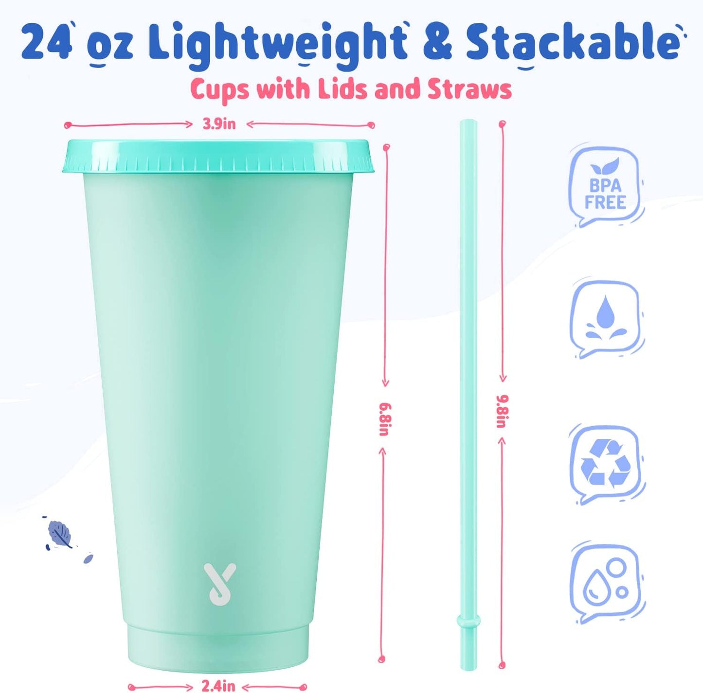 Plastic Cute Cold Cups with Lids and Straws Bulk for Iced Coffee - 6 Pack 24 oz Color Changing Reusable for Adults Kid Women Party