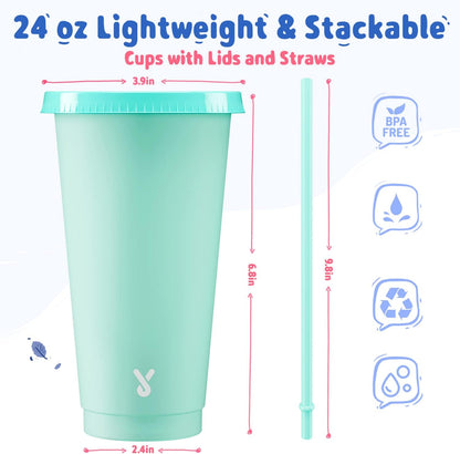 Plastic Cute Cold Cups with Lids and Straws Bulk for Iced Coffee - 6 Pack 24 oz Color Changing Reusable for Adults Kid Women Party