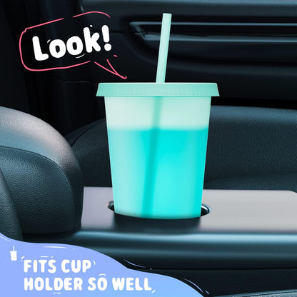 Plastic Cute Cold Cups with Lids and Straws Bulk for Iced Coffee - 6 Pack 24 oz Color Changing Reusable for Adults Kid Women Party