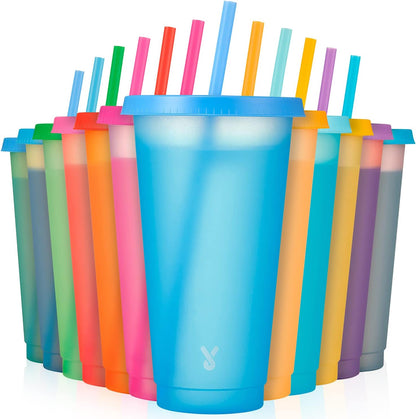 Plastic Cute Cold Cups with Lids and Straws Bulk for Iced Coffee - 6 Pack 24 oz Color Changing Reusable for Adults Kid Women Party