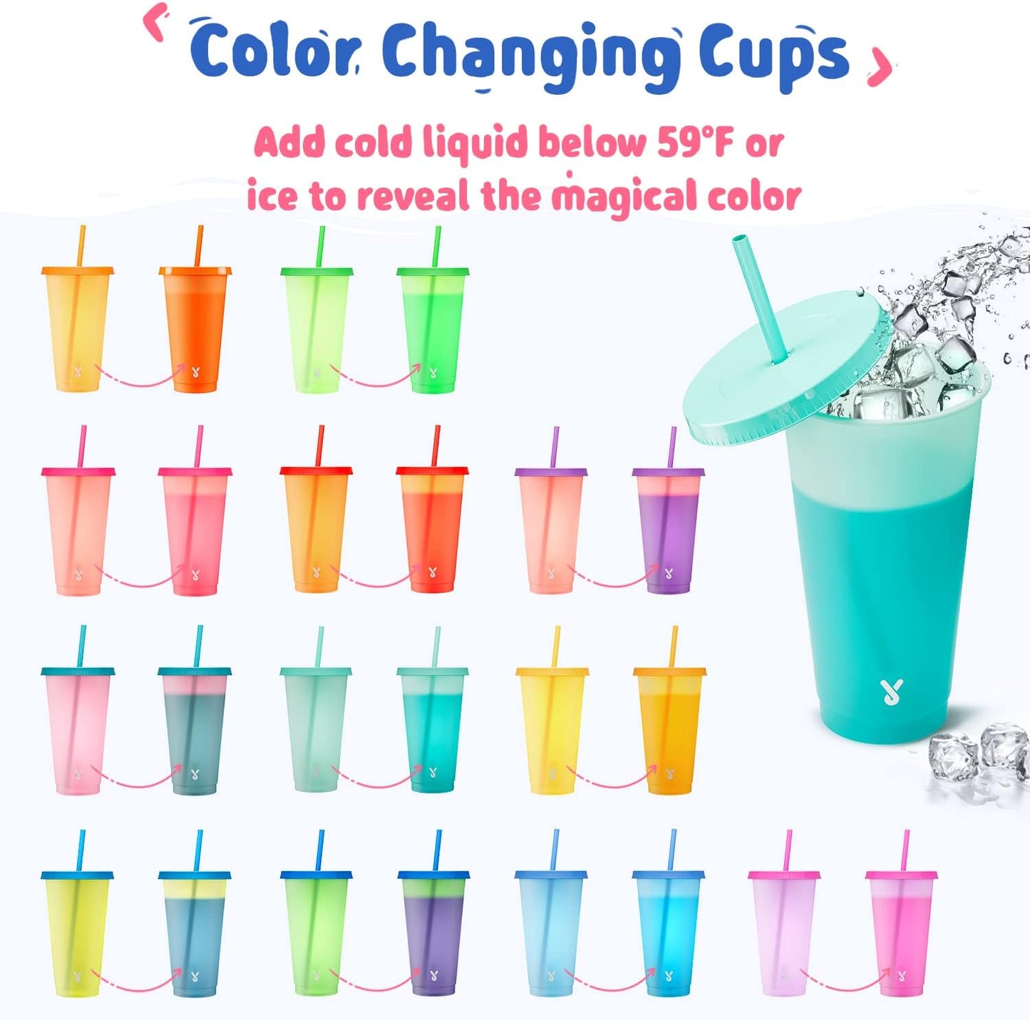 Plastic Cute Cold Cups with Lids and Straws Bulk for Iced Coffee - 6 Pack 24 oz Color Changing Reusable for Adults Kid Women Party