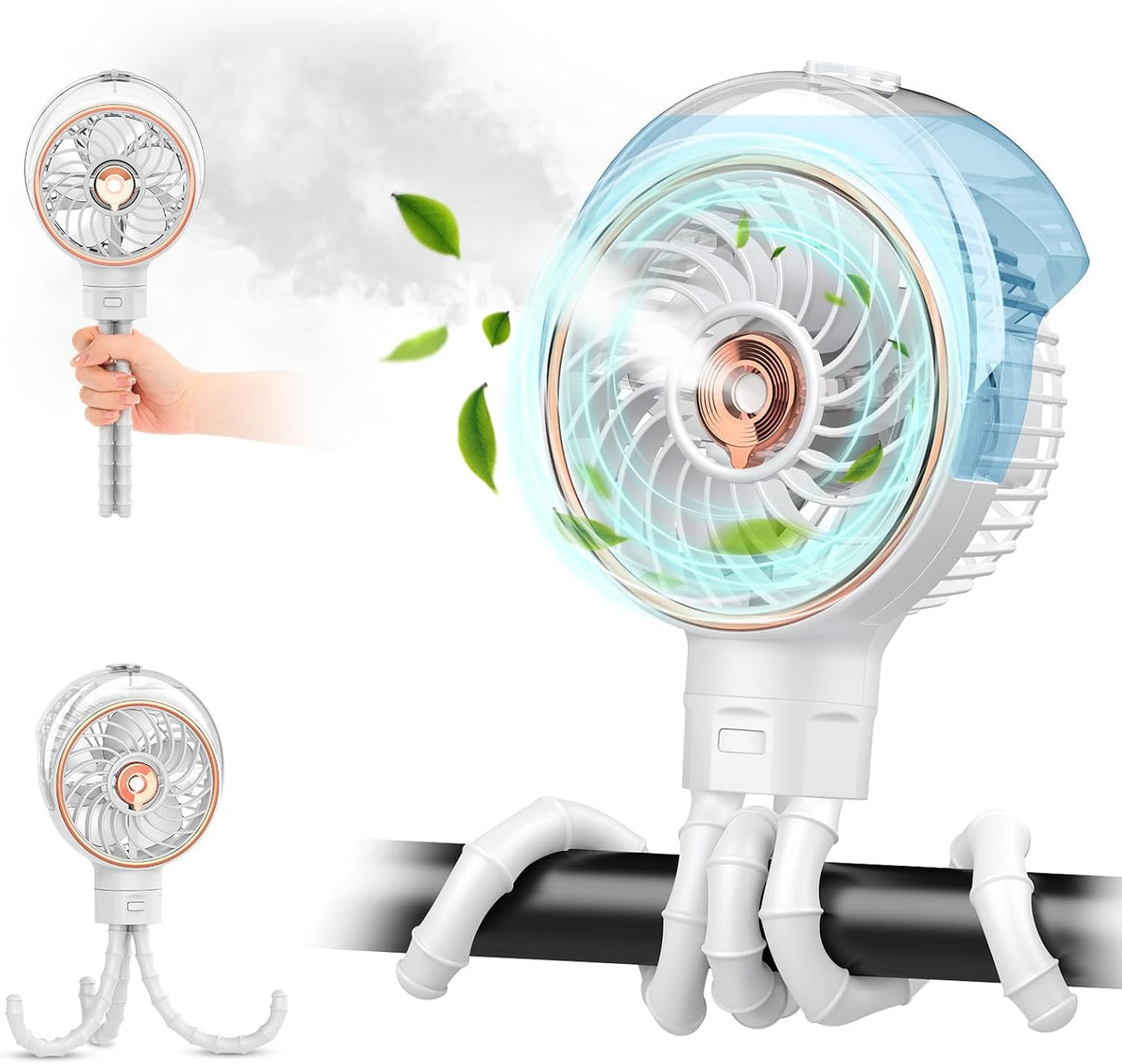 Portable Misting Stroller Fan with Detachable Tripod, Max 16H Rechargeable Clip on Fan for Baby Car Seat Crib, Quiet Cooling Fan for Theme Park Travel, Beach Essentials & Baby Registry Gifts