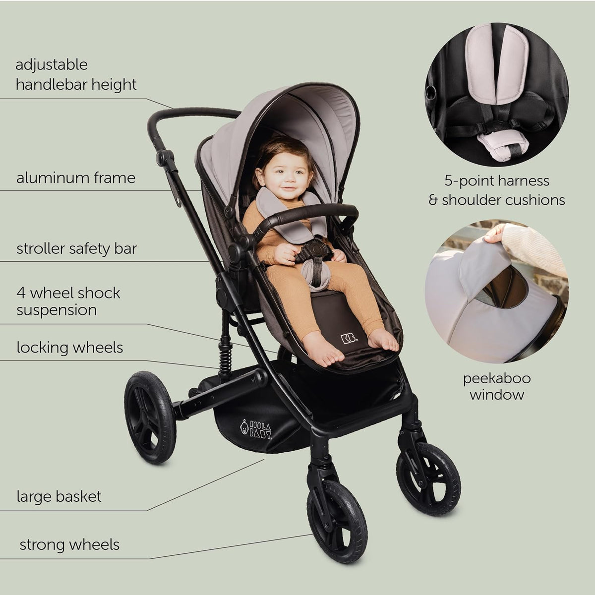 2-in-1 Foldable Baby Stroller – Newborn to Toddler Stroller with Extendable Canopy, 5-Point Harness & Large Storage Basket – One Hand Fold