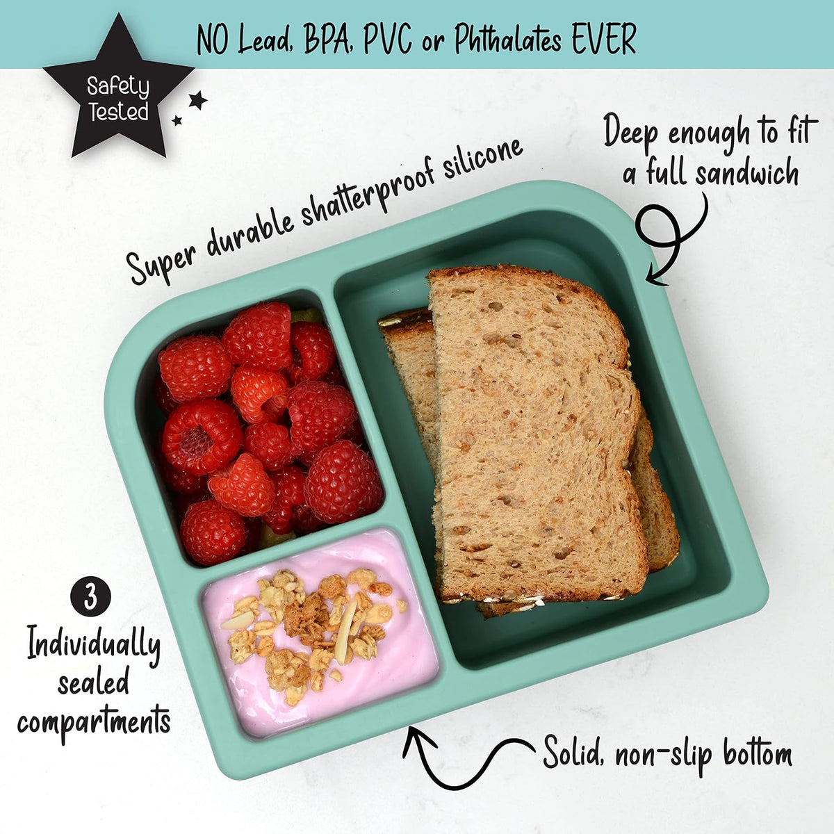 Unbreakable Silicone Lunch Box for Kids and Adults - Leak Proof Divided Bento Box (Plum)