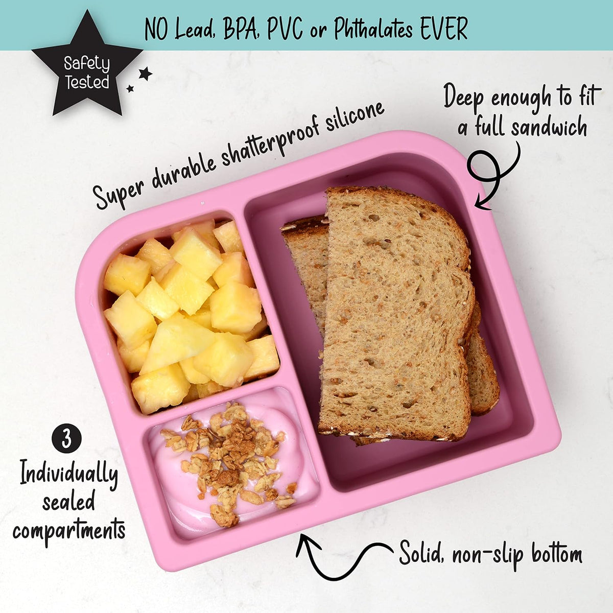 Unbreakable Silicone Lunch Box for Kids and Adults - Leak Proof Divided Bento Box (Plum)