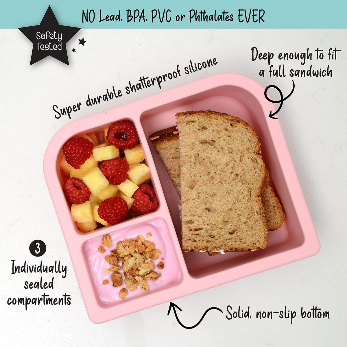Unbreakable Silicone Lunch Box for Kids and Adults - Leak Proof Divided Bento Box (Plum)