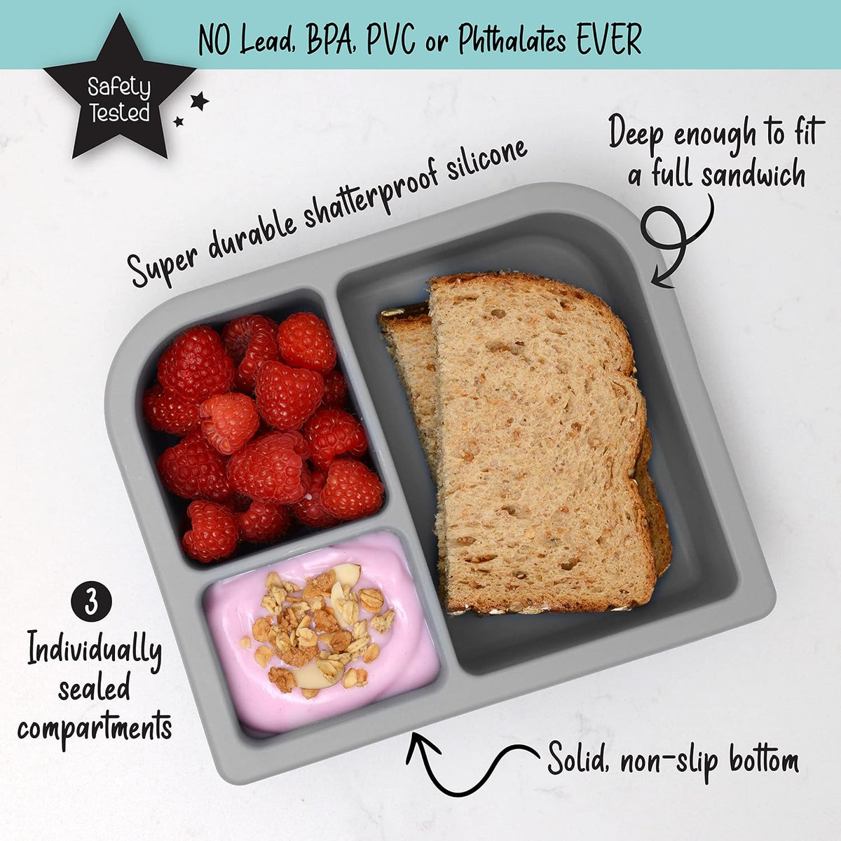 Unbreakable Silicone Lunch Box for Kids and Adults - Leak Proof Divided Bento Box (Plum)