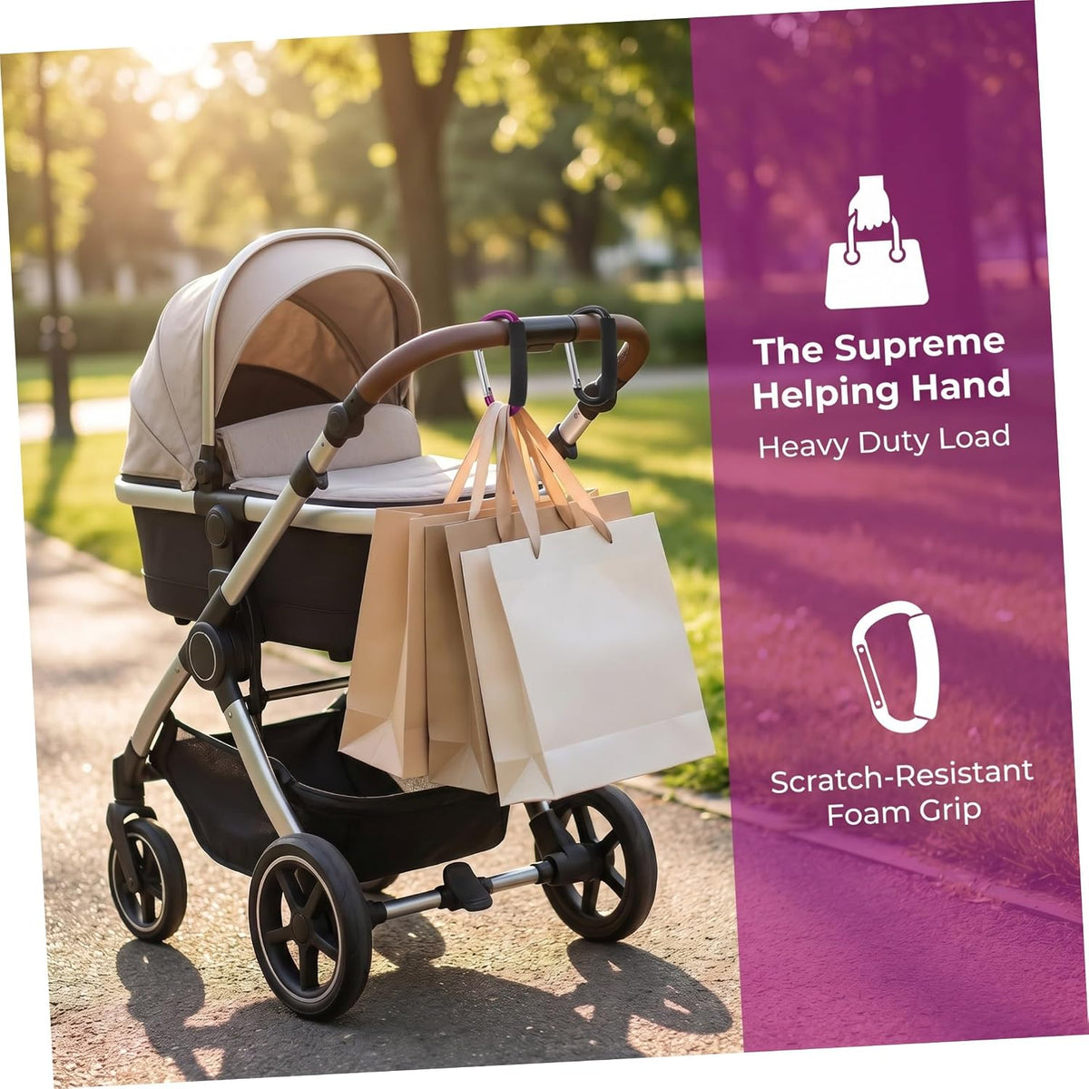 2pcs Large Aluminum Stroller Hooks with Sponge Grip Carabiner Clips for Hanging Shopping Bags Compatible with Strollers Wheelchairs Walkers Portable Multi-use Hooks for Travel
