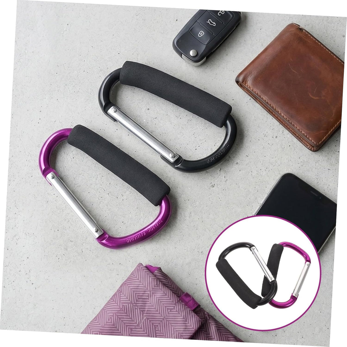 2pcs Large Aluminum Stroller Hooks with Sponge Grip Carabiner Clips for Hanging Shopping Bags Compatible with Strollers Wheelchairs Walkers Portable Multi-use Hooks for Travel