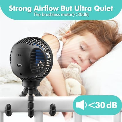 Portable Stroller Fan, USB or Rechargeable Battery Operated with 3 Speeds and 360°Rotate, Cooling Clip On for Baby Crib Travel Car Seat White