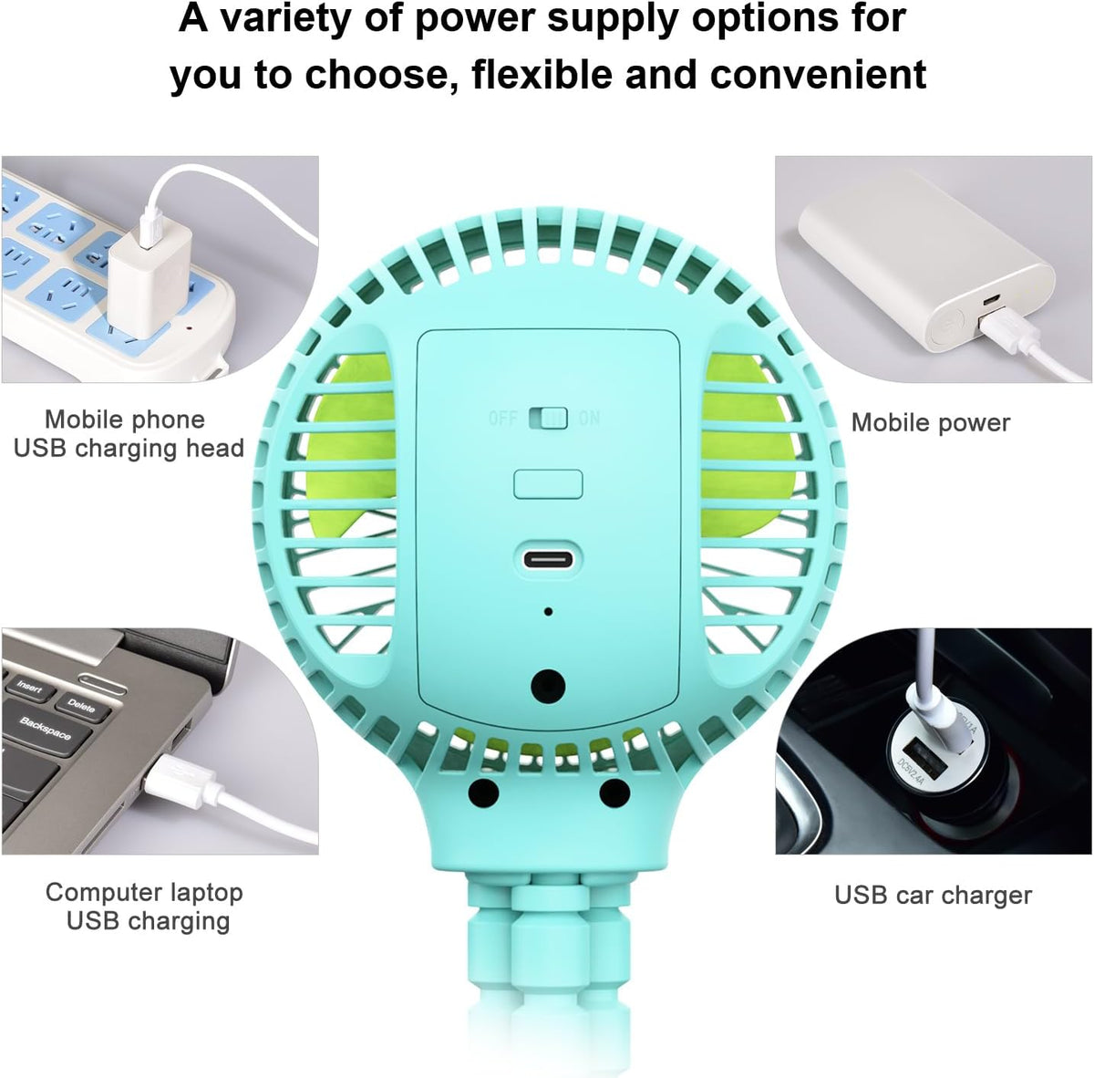 Portable Stroller Fan, USB or Rechargeable Battery Operated with 3 Speeds and 360°Rotate, Cooling Clip On for Baby Crib Travel Car Seat White