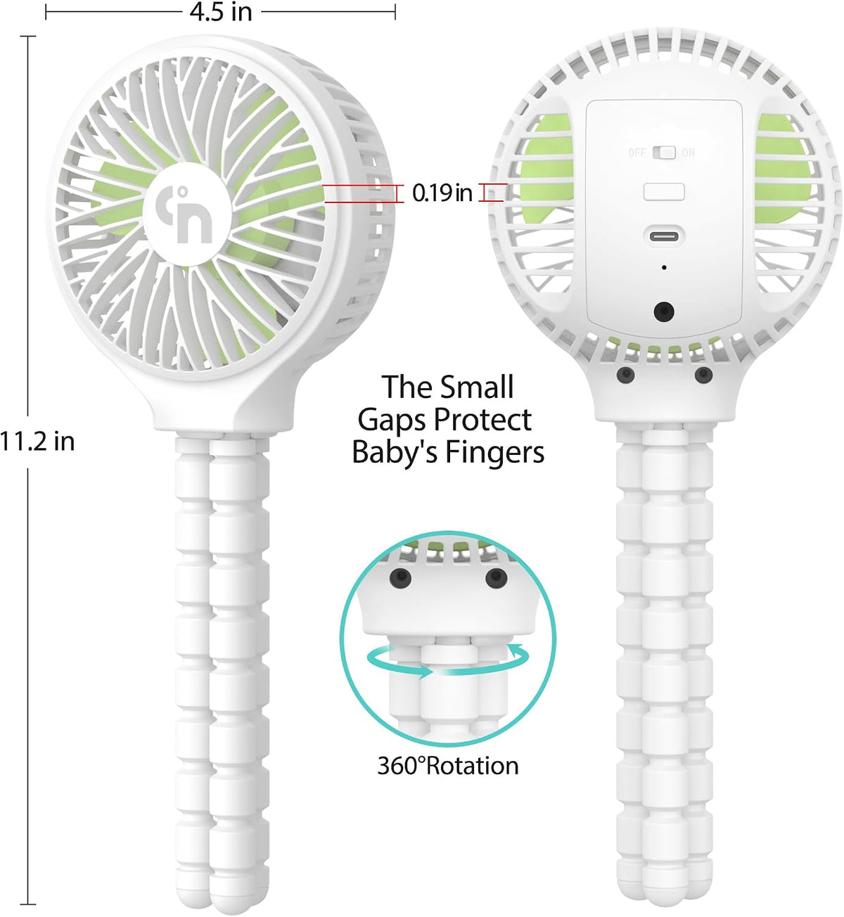 Portable Stroller Fan, USB or Rechargeable Battery Operated with 3 Speeds and 360°Rotate, Cooling Clip On for Baby Crib Travel Car Seat White