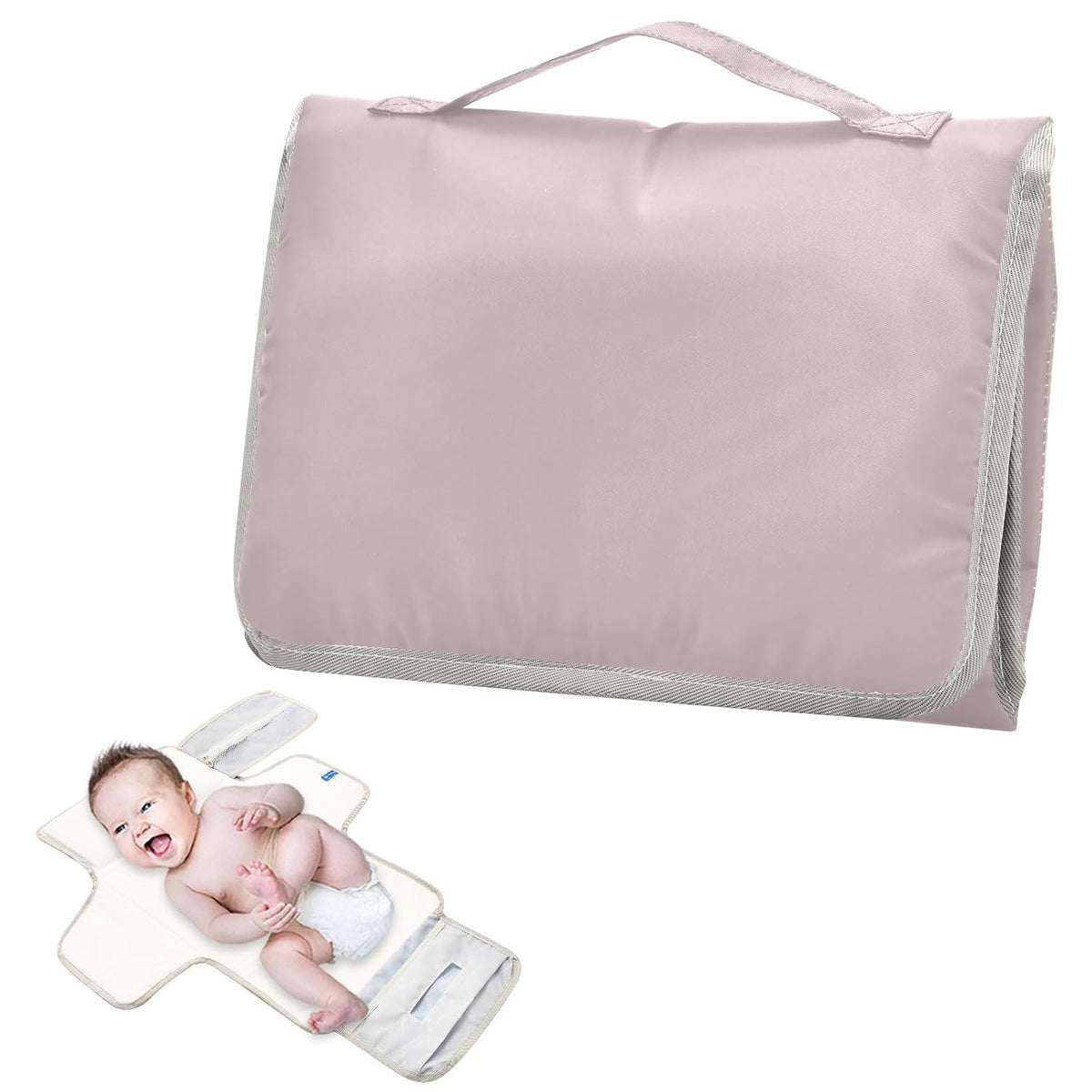 Solid Pink Grey Portable Diaper Changing Pad, Waterproof Baby Changing Mat with Storage Pocket & Built-in Pillow, Foldable Travel Pad, Newborn Gift Set for Boy Girl
