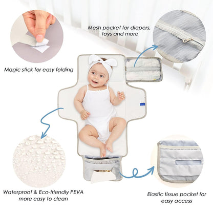 Solid Pink Grey Portable Diaper Changing Pad, Waterproof Baby Changing Mat with Storage Pocket & Built-in Pillow, Foldable Travel Pad, Newborn Gift Set for Boy Girl