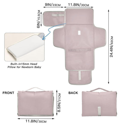 Solid Pink Grey Portable Diaper Changing Pad, Waterproof Baby Changing Mat with Storage Pocket & Built-in Pillow, Foldable Travel Pad, Newborn Gift Set for Boy Girl