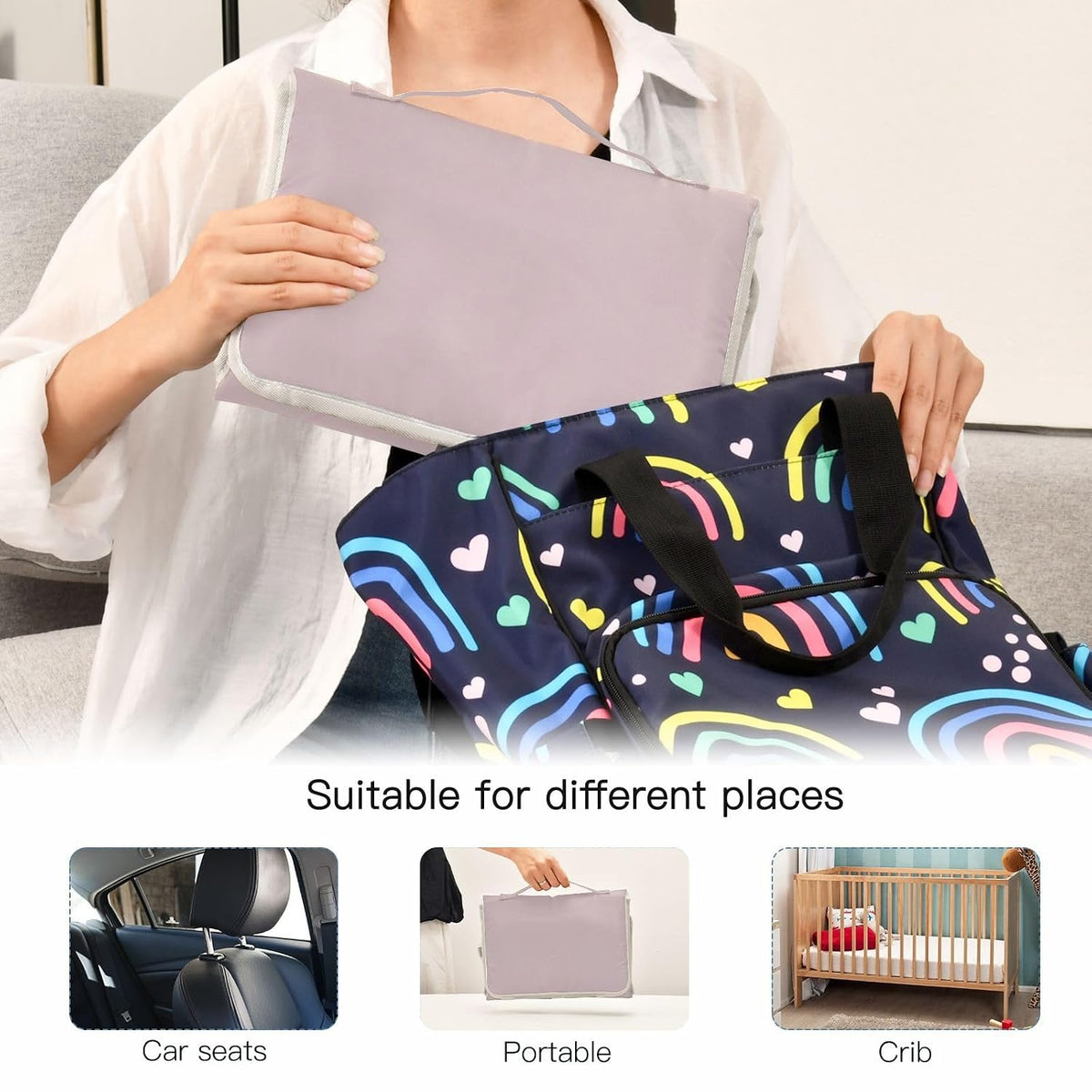 Solid Pink Grey Portable Diaper Changing Pad, Waterproof Baby Changing Mat with Storage Pocket & Built-in Pillow, Foldable Travel Pad, Newborn Gift Set for Boy Girl