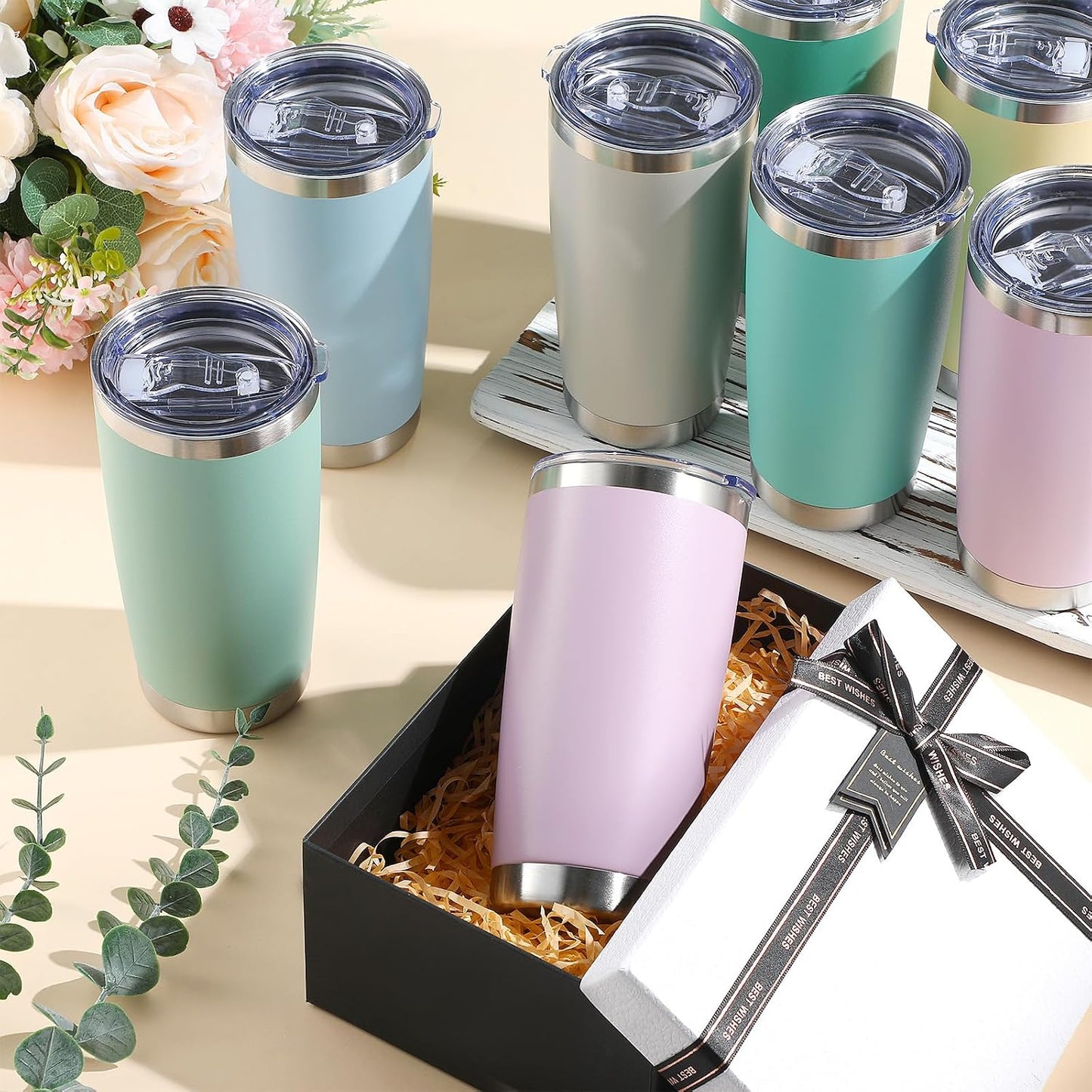 36 Pack Stainless Steel Tumblers Bulk with Lids Double Wall Vacuum Insulated Coffee Cups Blank leakproof Powder Coated Tumblers for Engraving Wedding Graduation Party Favors(20 oz,Mixed)