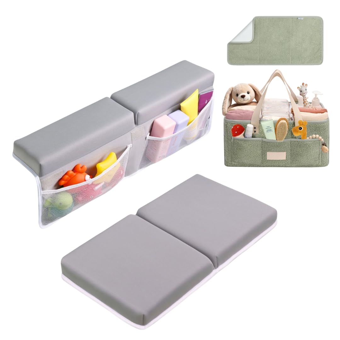 Bath Kneeler and Elbow Rest Pad (Grey) and Teddy Diaper Caddy with Changing Pad (Green) Bundle